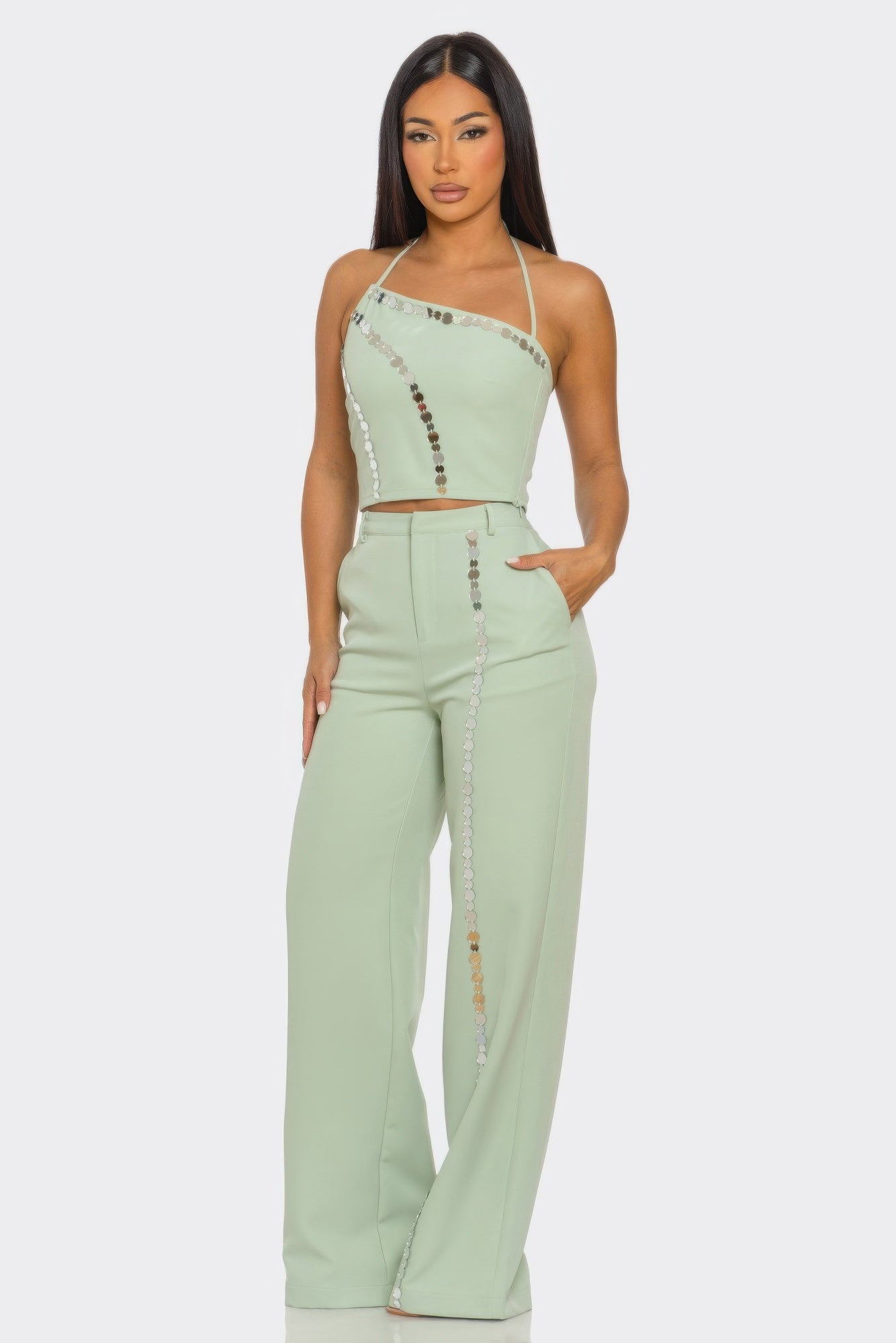 Sage wide-leg pants set with halter crop top and sequin coin detail stripe