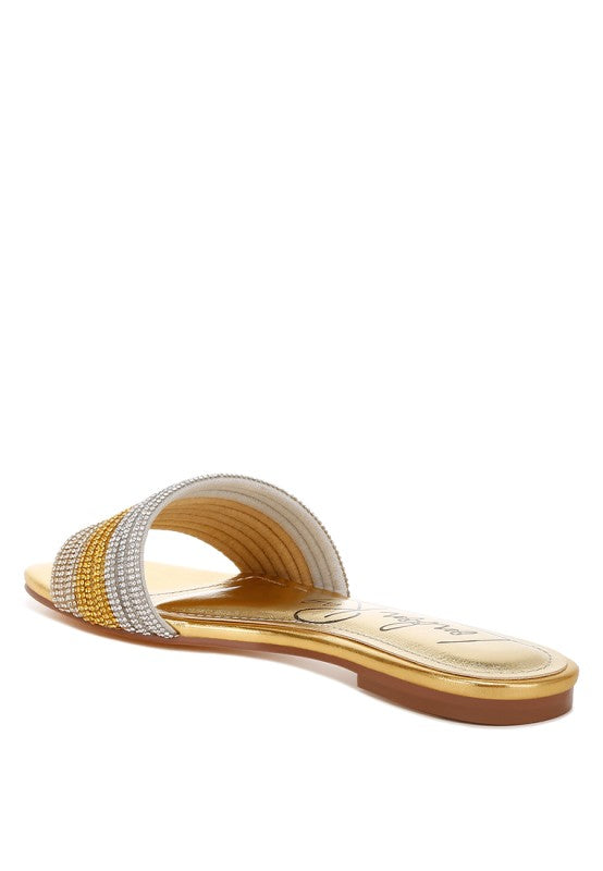 Gold rhinestone strap slip-on flats, side view, silver and gold crystal bands