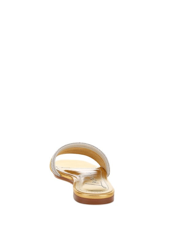 Gold slip-on flats with rhinestone strap, rear view, silver and gold tones