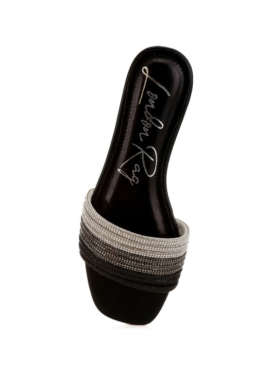 Rhinestone strap detail on black slip-on flats, open square toe