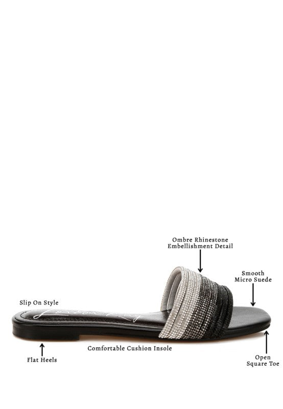 Slip-on flats: flat heel, cushioned insole, open square toe, rhinestone ombré strap