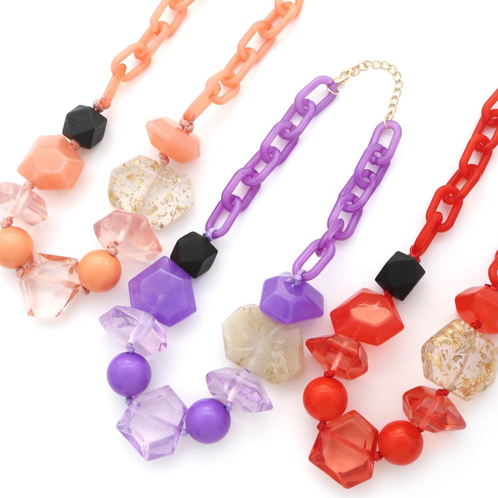 Chunky beaded oval link necklace, mixed-color cube and sphere beads with black charms