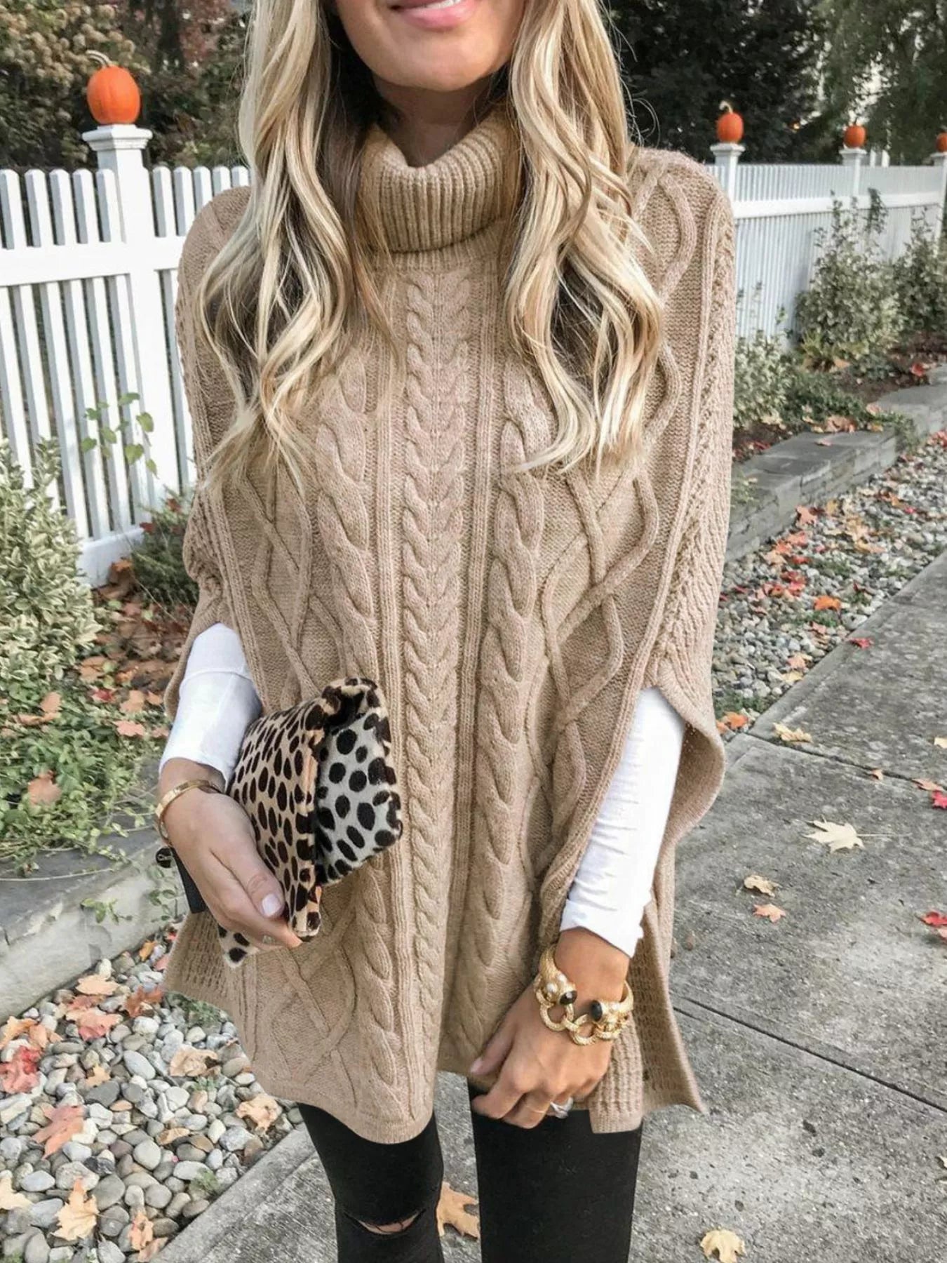 Chunky Cable Knit Turtleneck Poncho Cover Up - Tigbul's Variety Fashion Shop