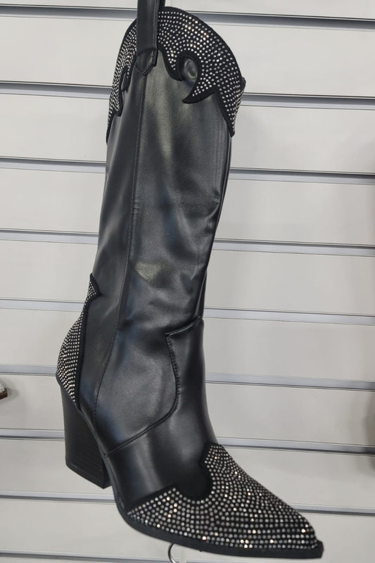 Chunky Heel Rhinestone Decor Western Boots - Tigbul's Variety Fashion Shop
