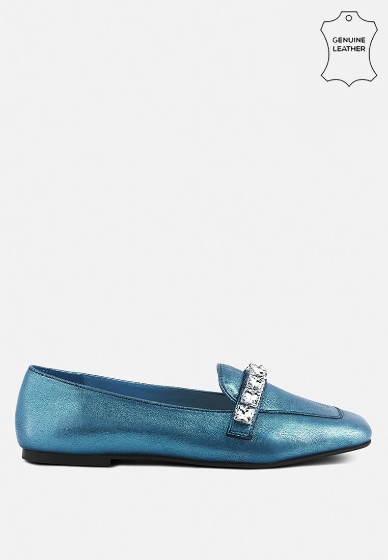 Churros Green Metallic Diamante Leather Loafers - Tigbul's Variety Fashion Shop