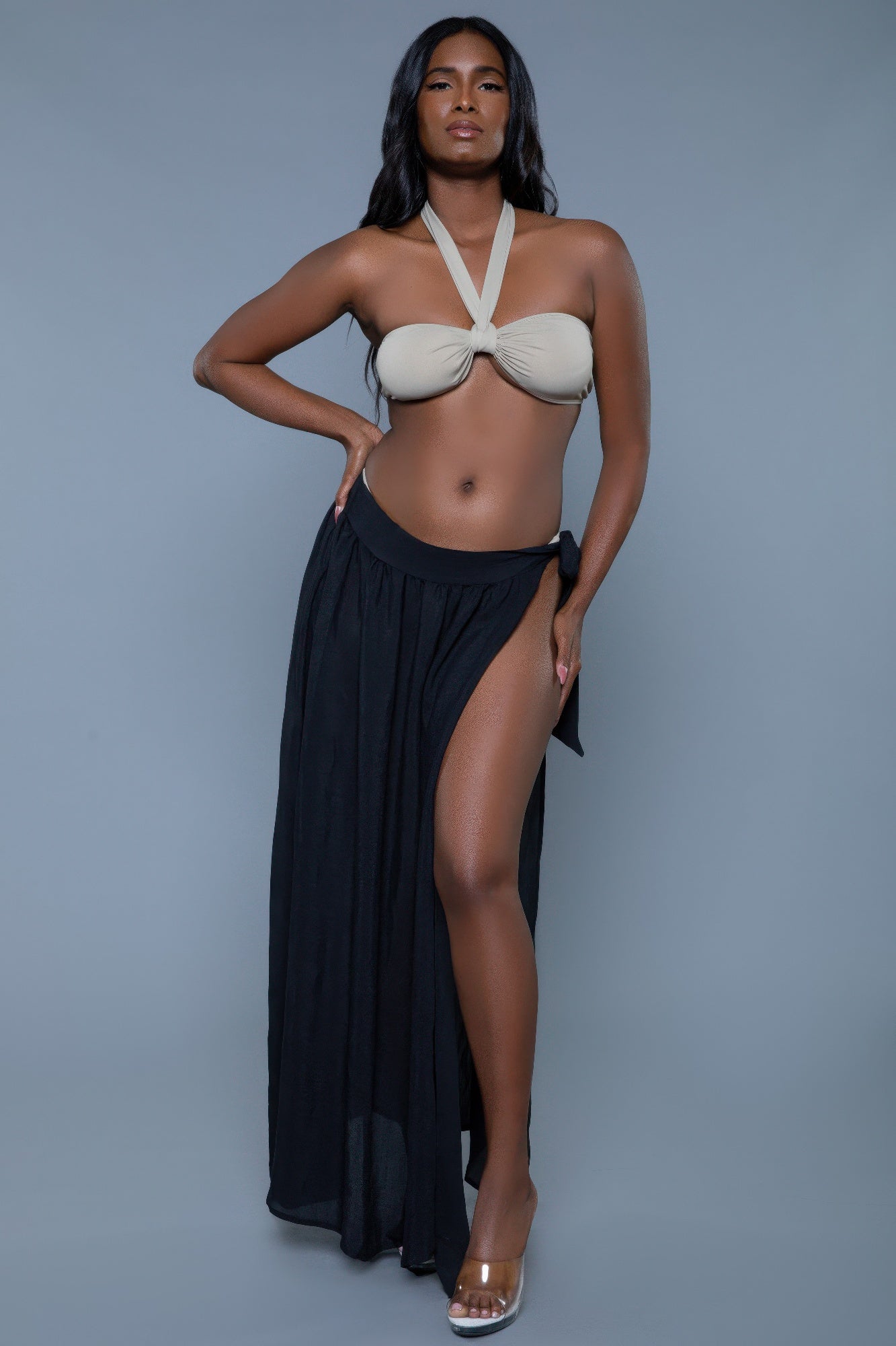 Claire Cove-Up Skirt, Black maxi skirt with side slit and tied front drape