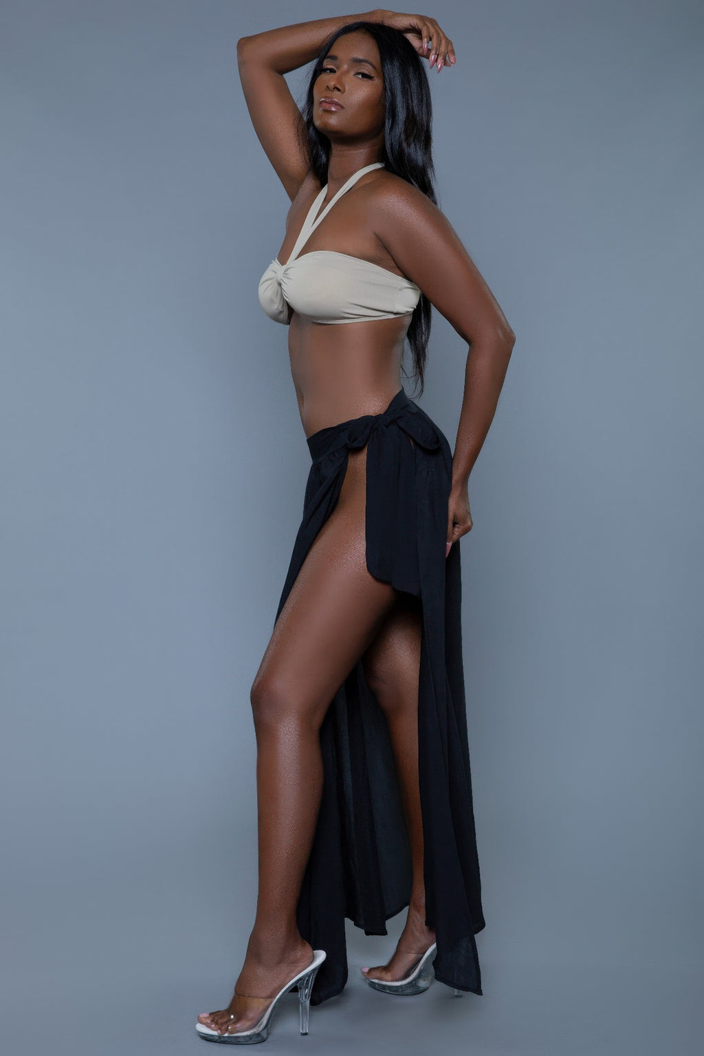 Black cove-up skirt with long back drape, front tie and deep side opening