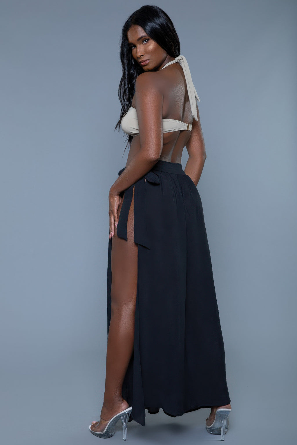 Black maxi cove-up skirt with side slit and gathered waist ties