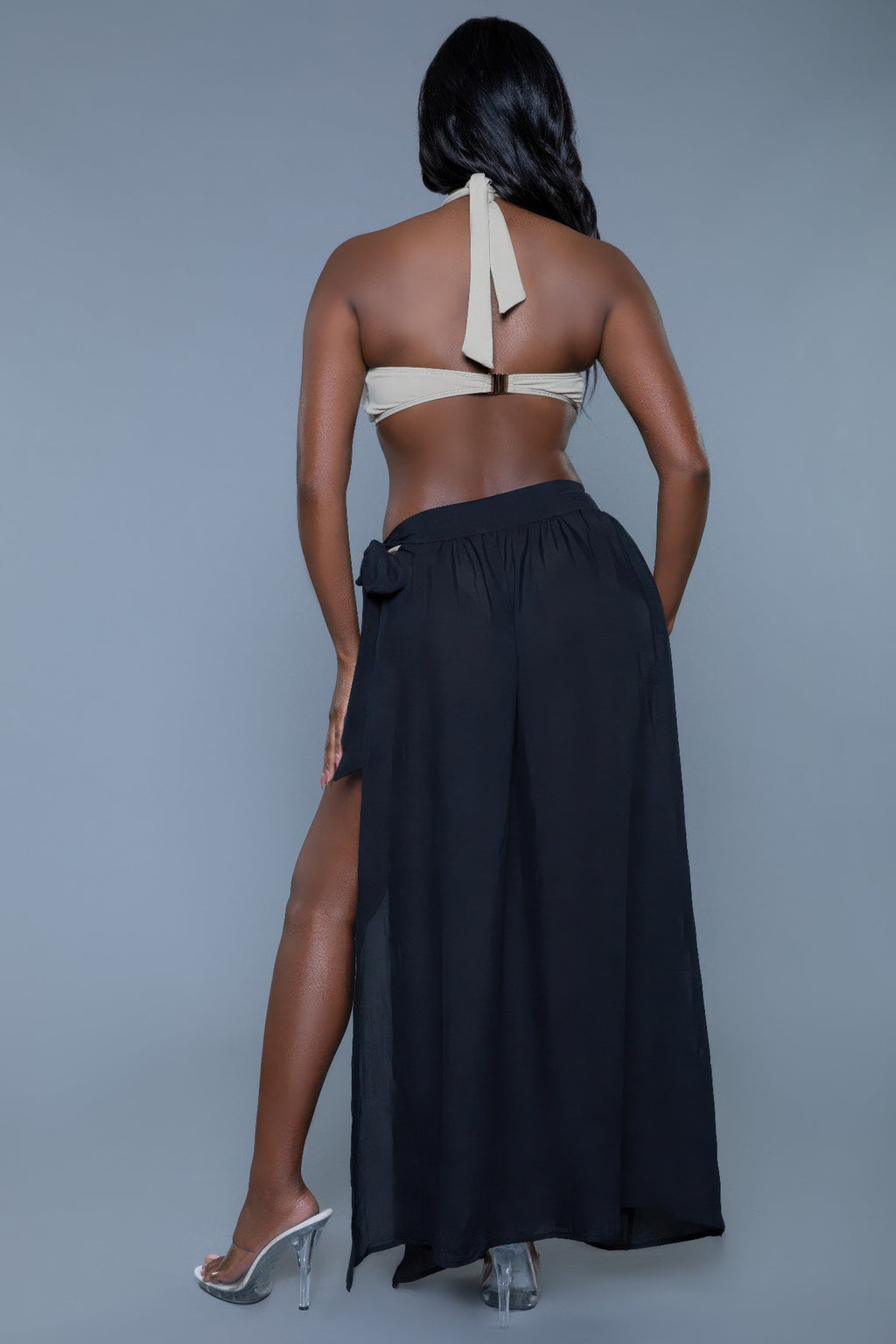 Back of Black cove-up skirt, flowy maxi length with side slit