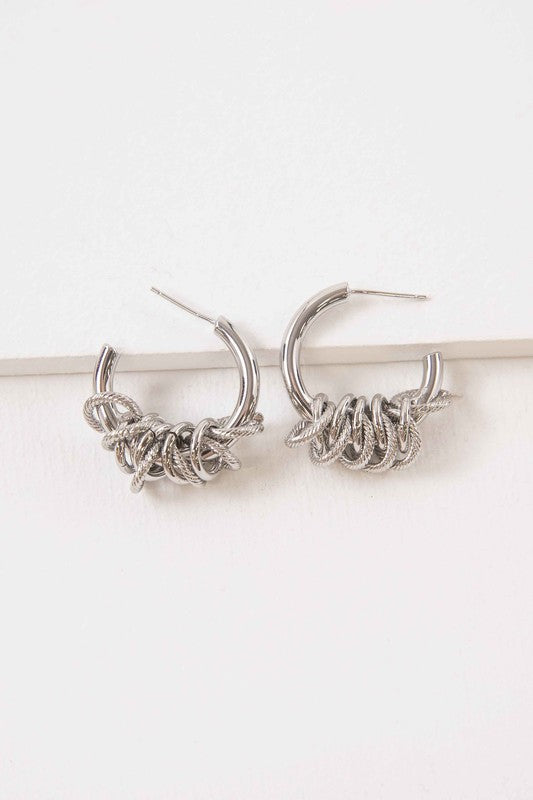Silver Clank hoop earrings with linked knotted charms, open hoop design