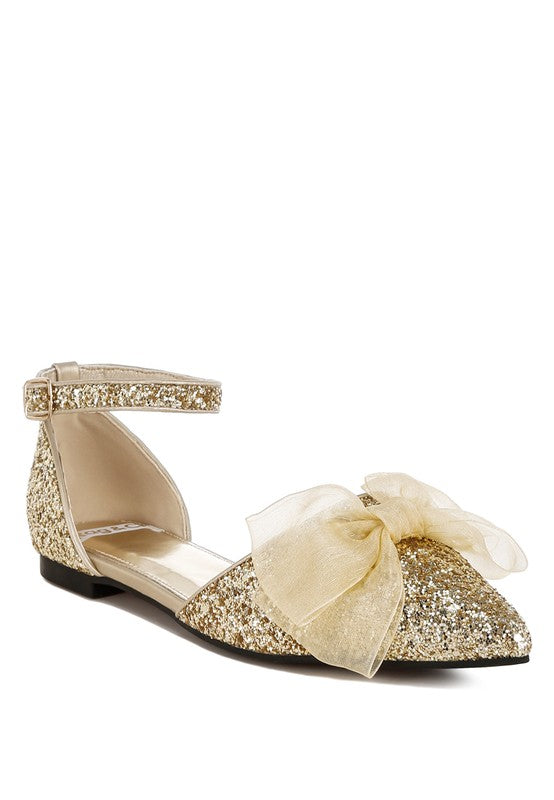 Gold glitter Clarice sandals with sheer bow at toe and ankle strap