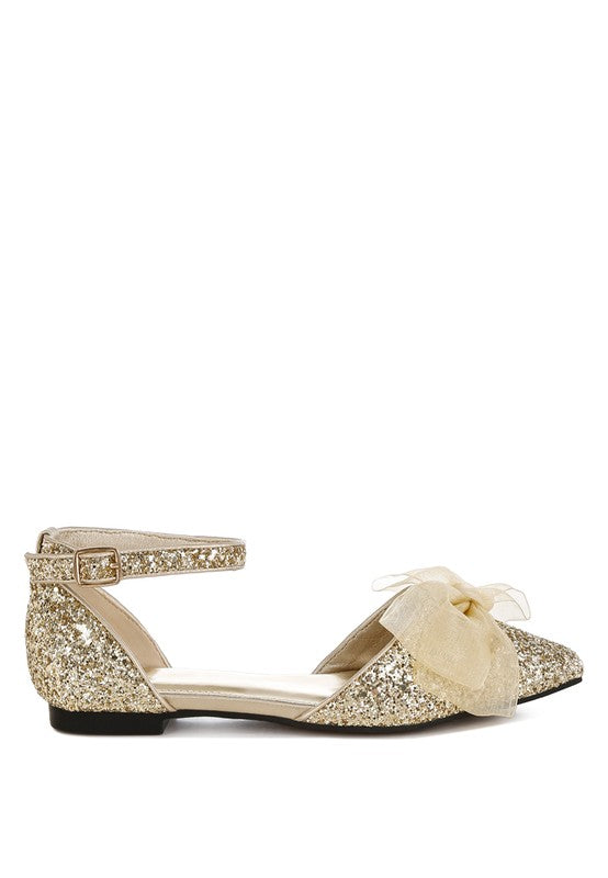Gold glitter ankle-strap flat sandal with sheer bow at the toe