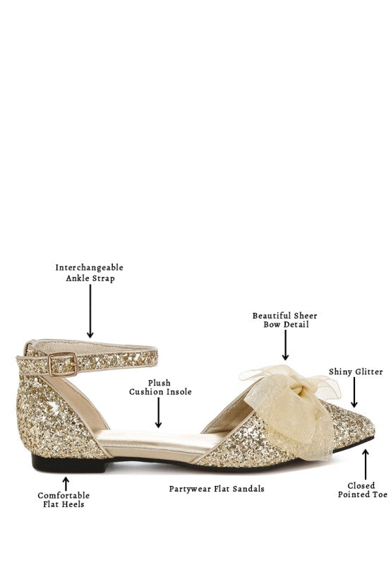Gold glitter pointed-toe flat sandals with sheer bow detail and ankle strap