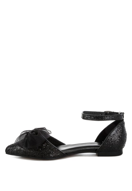 Black glitter pointed-toe flat sandal, sheer bow at vamp, ankle strap