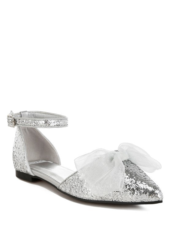 Silver glitter flat sandals with sheer bow detail and ankle strap