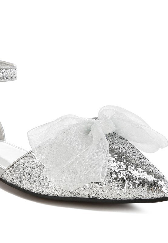 Silver glitter pointed toe flat sandal with sheer organza bow detail
