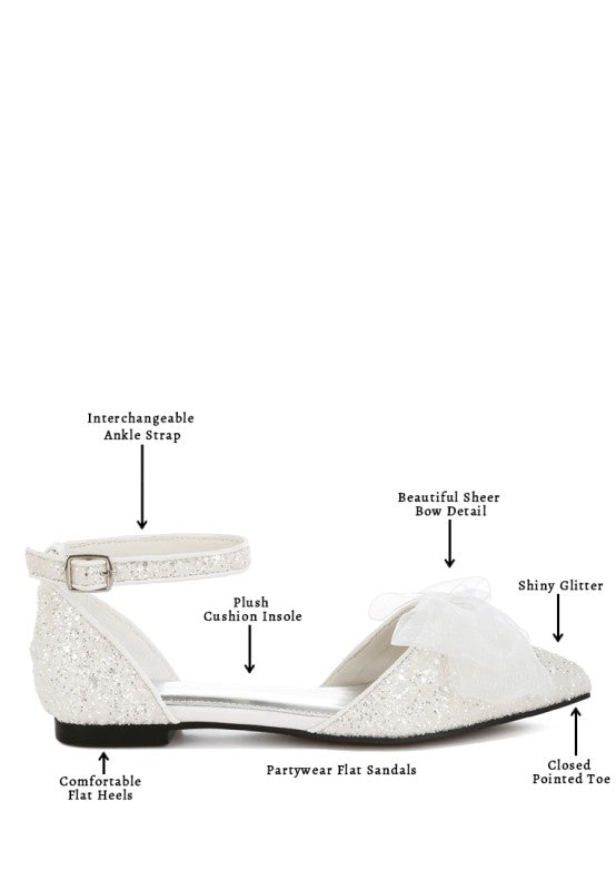 White sheer bow flat sandals with shiny glitter uppers and comfy cushioned insole