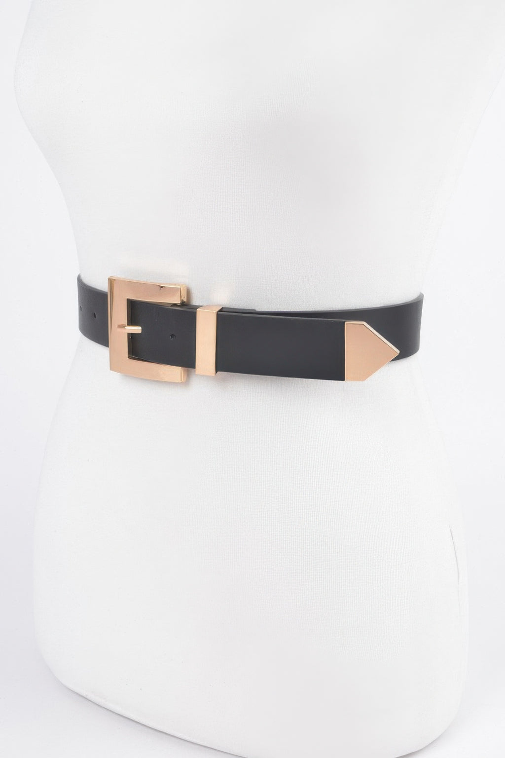 Black classic big buckle belt, wide strap with gold-tone buckle and tapered tip