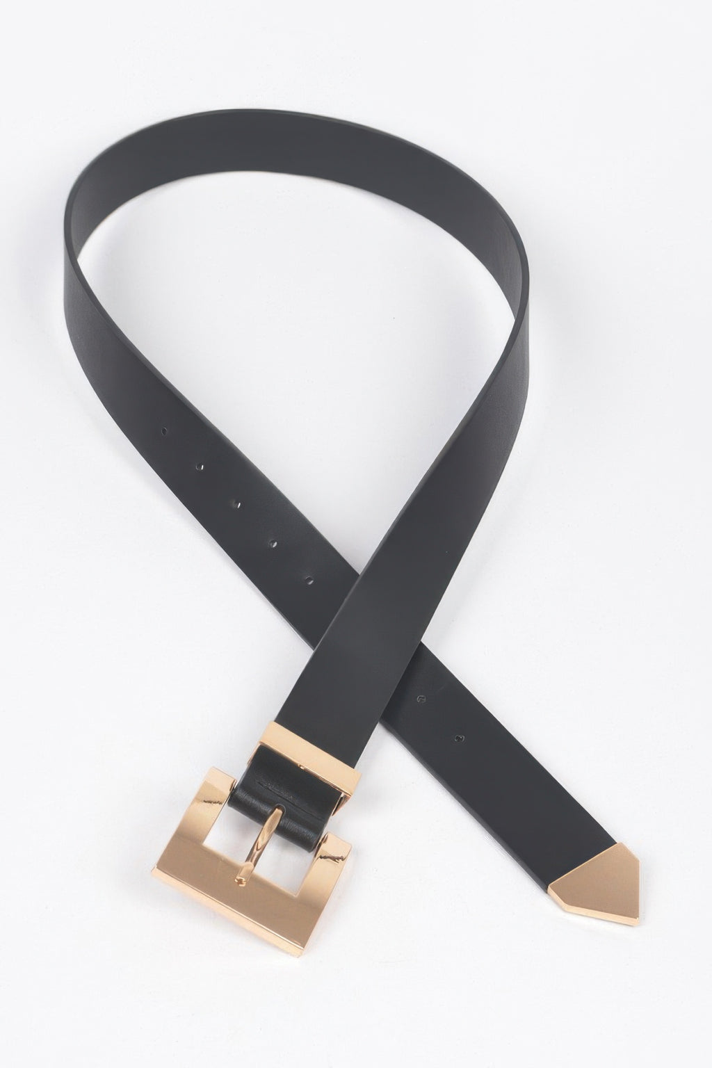 Black belt with big rectangular buckle and long D-ring style strap end