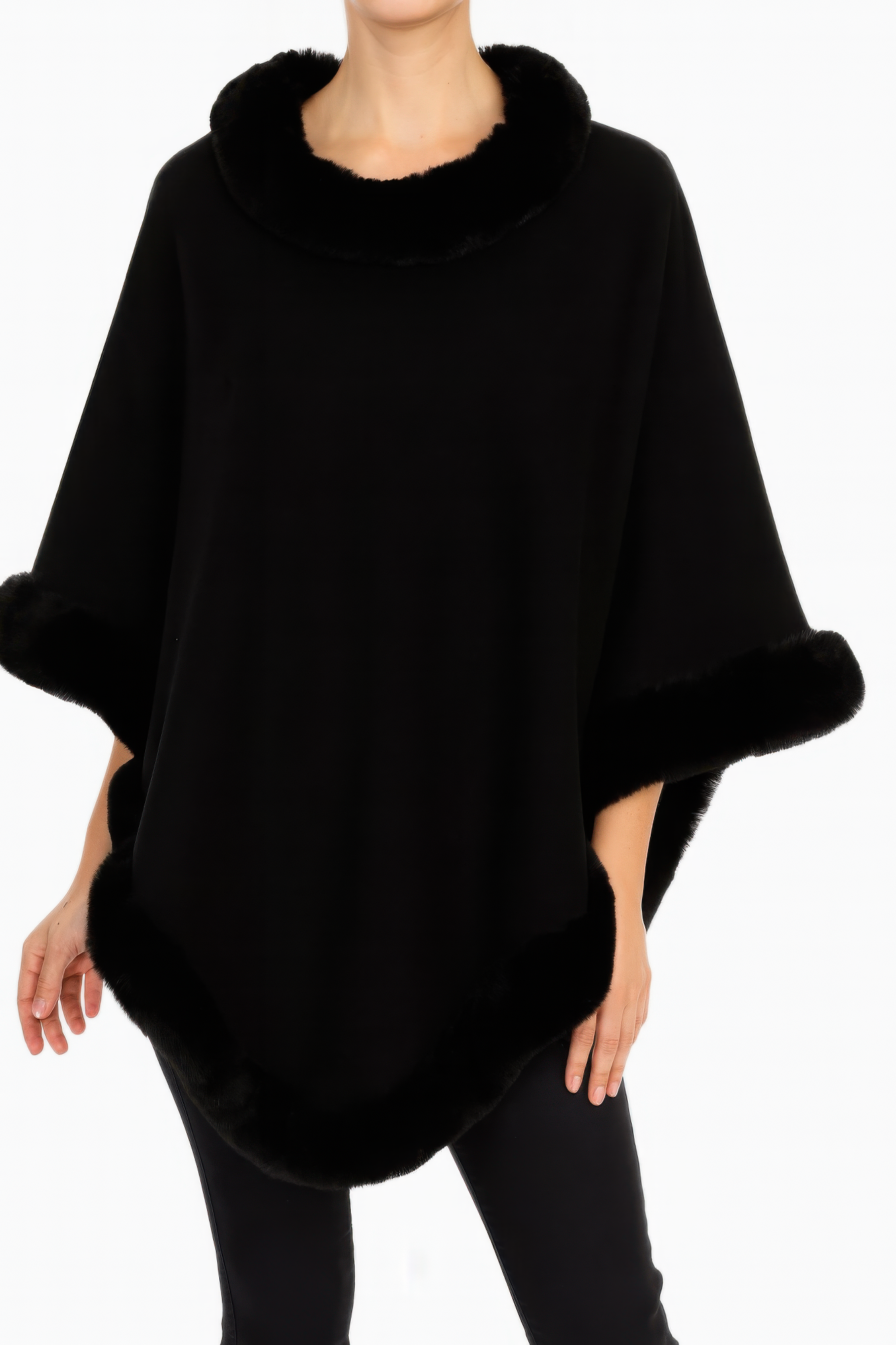 Black poncho with faux-fur hood edge and large side pocket detailing