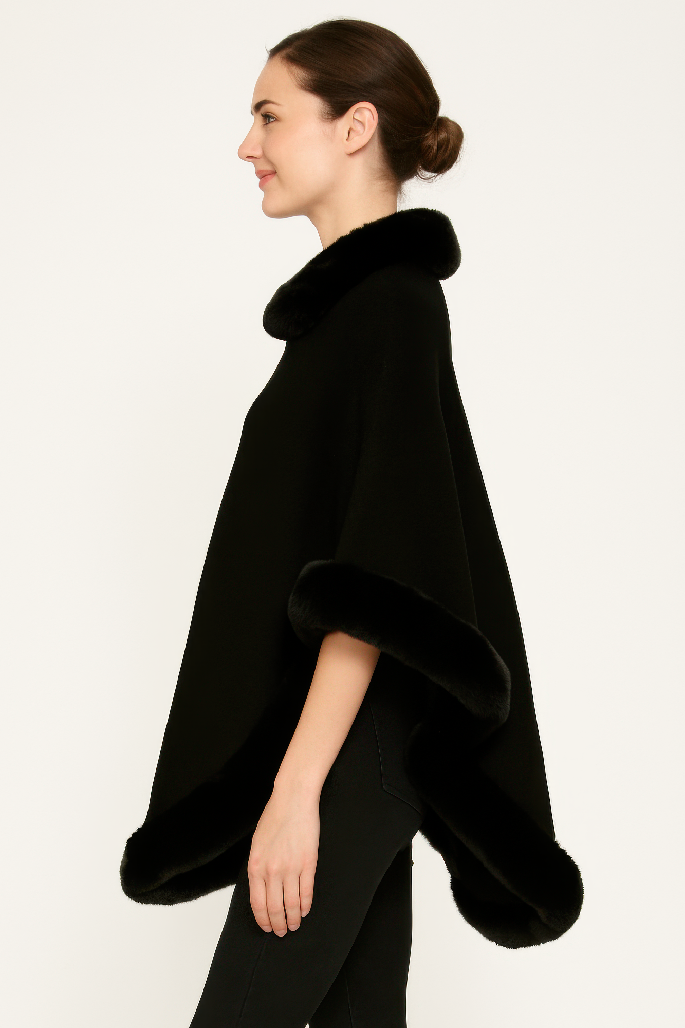 Black faux-fur trimmed poncho, open front with draped sleeves