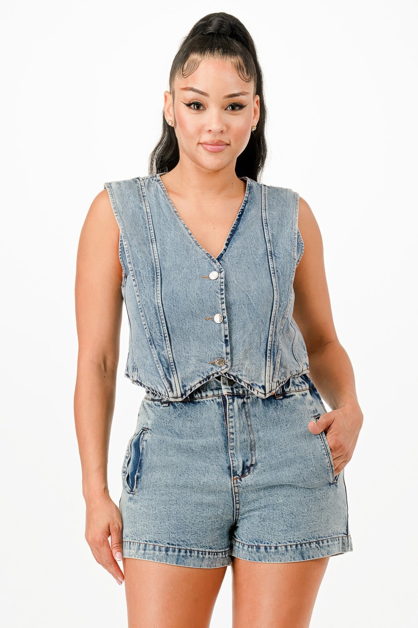 Denim vest and short set, sleeveless V-neck, button front, light wash