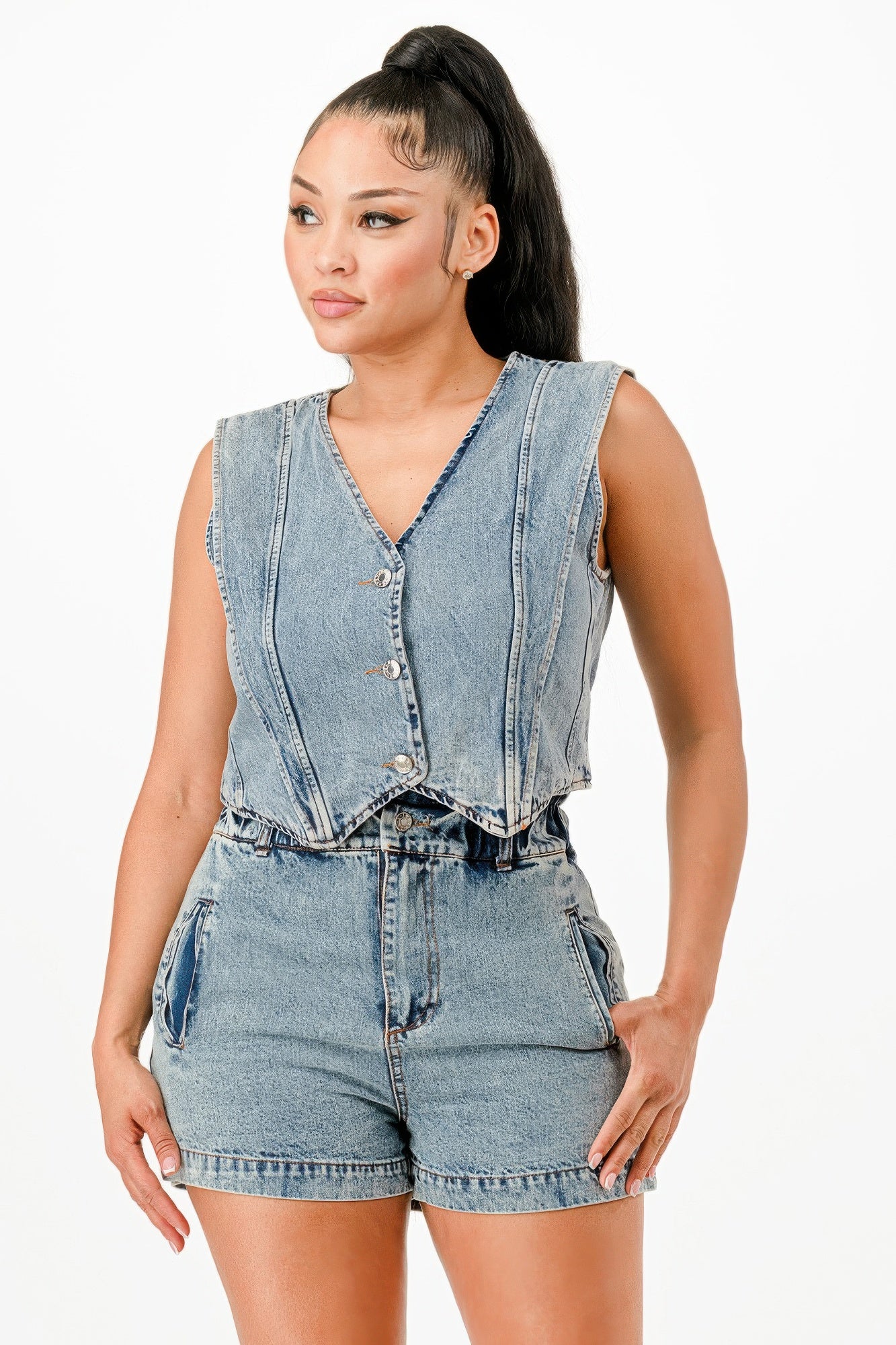 Denim vest and short set, V-neck sleeveless top with buttons and cuffed shorts