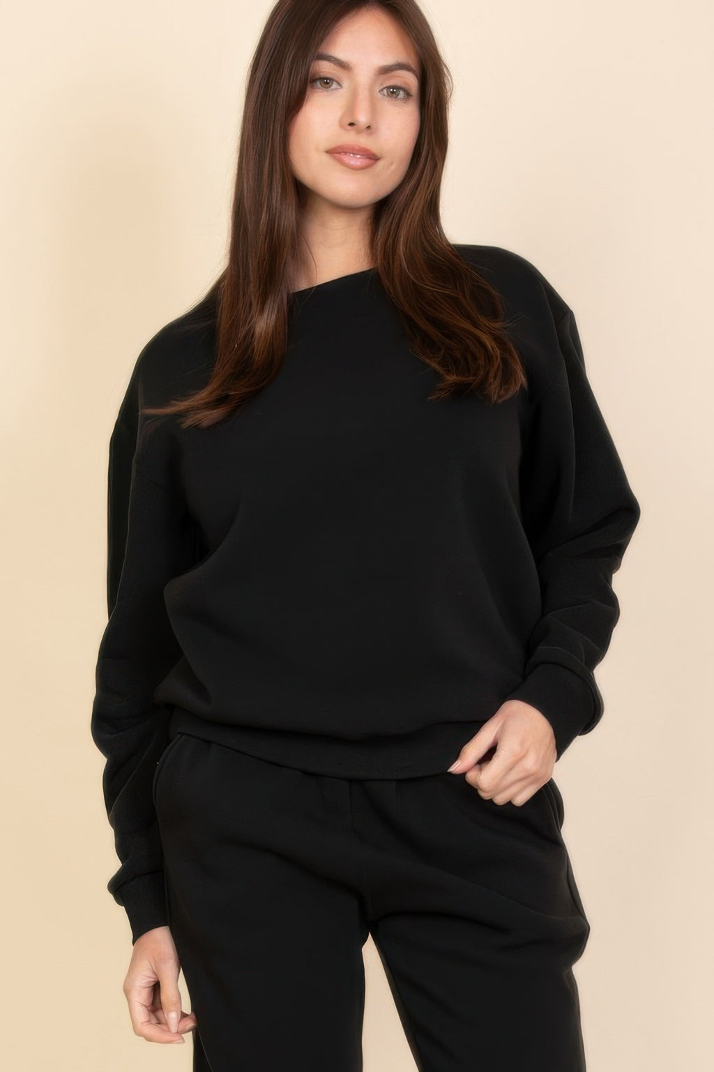 Classic poly fleece crewneck pullover in black, long sleeves and relaxed fit