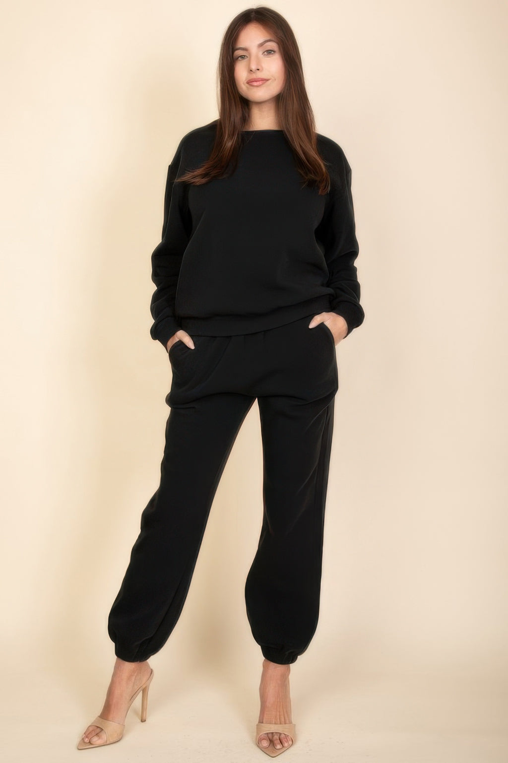Black classic poly fleece crewneck pullover, relaxed fit and ribbed cuffs