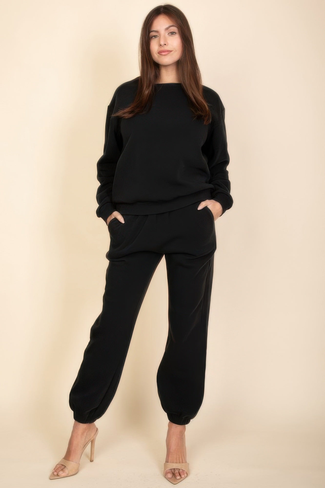 Black classic poly fleece crewneck pullover, relaxed fit and ribbed cuffs