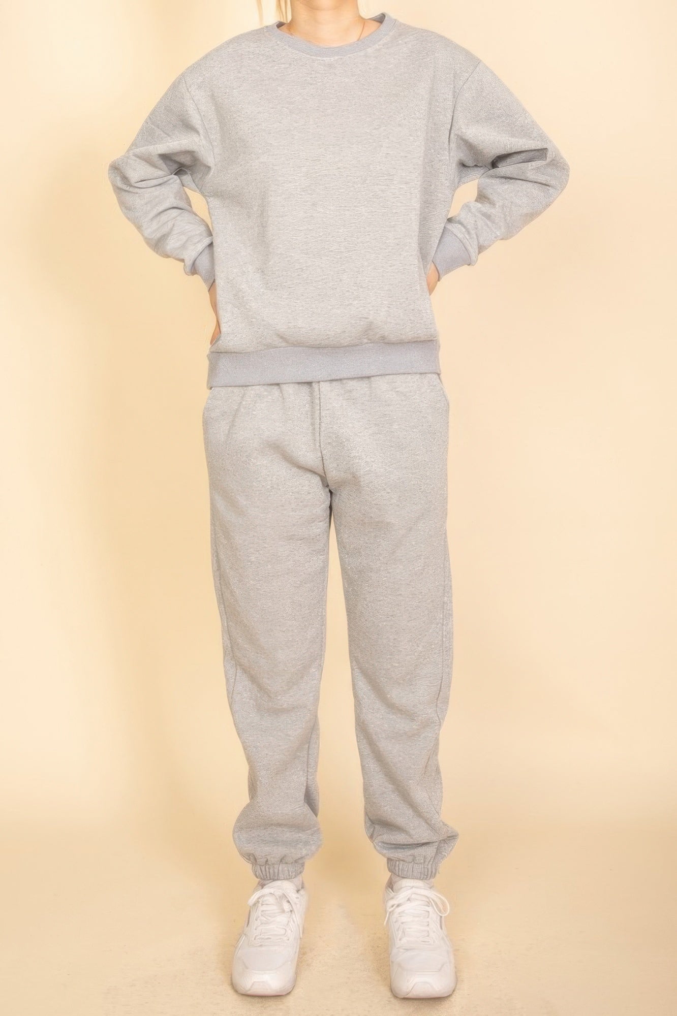Heather grey poly fleece crewneck pullover with ribbed crew neck and cuffs