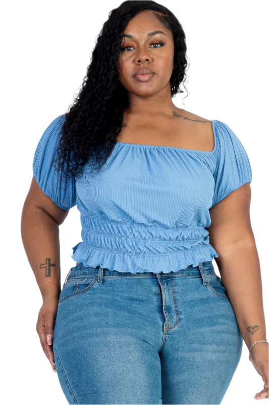 Plus size casual ruched puff sleeve ribbed knit solid top - Tigbul's Variety Fashion Shop