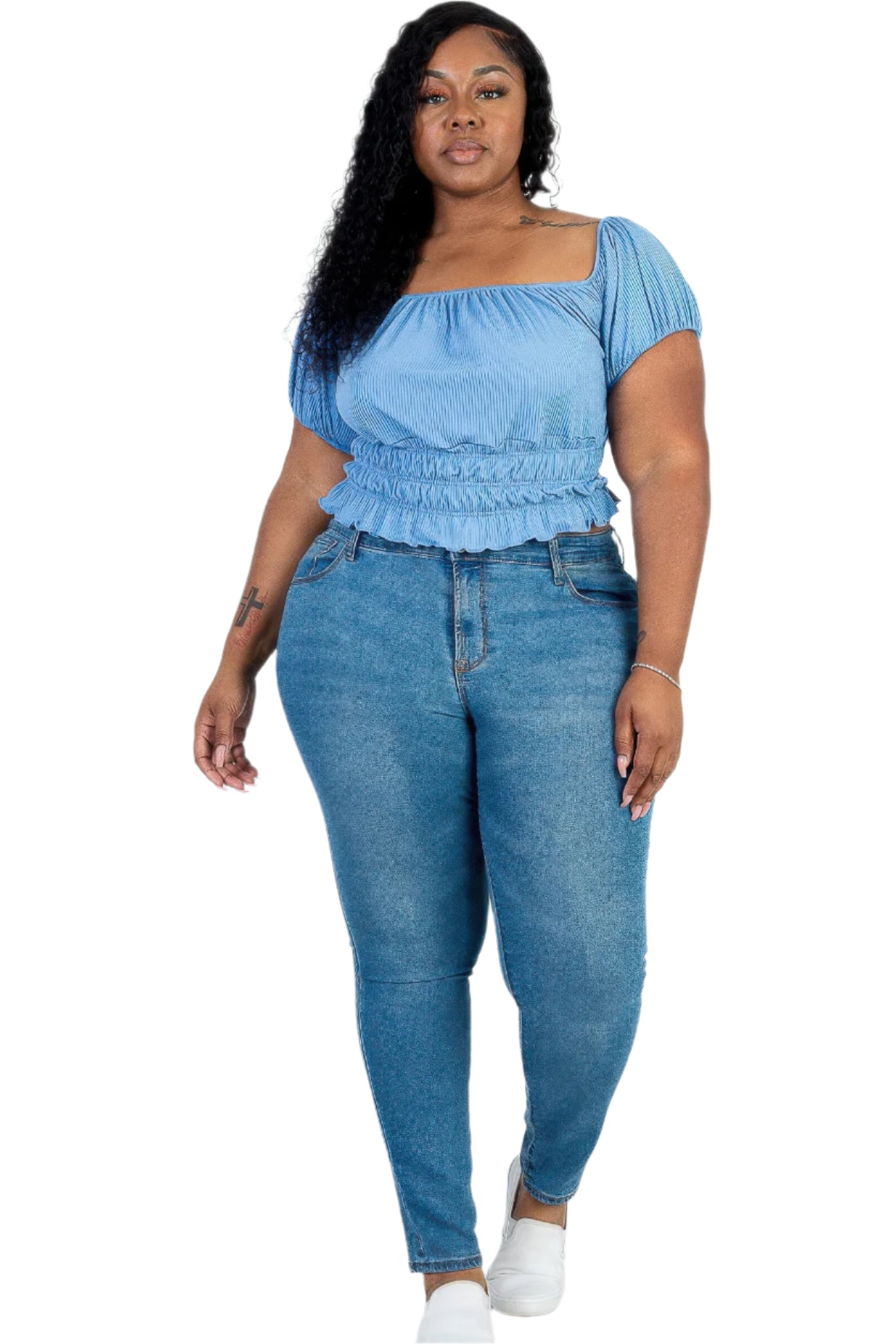 Plus size casual ruched puff sleeve ribbed knit solid top - Tigbul's Variety Fashion Shop