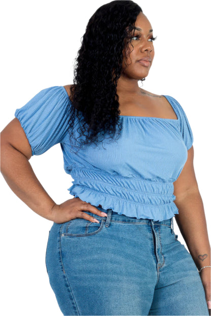 Plus size casual ruched puff sleeve ribbed knit solid top - Tigbul's Variety Fashion Shop