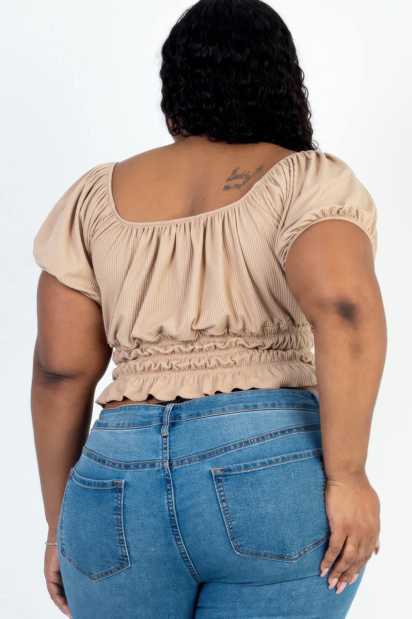 Plus size casual ruched puff sleeve ribbed knit solid top - Tigbul's Variety Fashion Shop