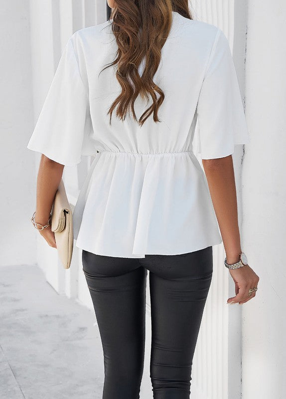 White blouse with gathered waist and peplum-style back hem, short sleeves