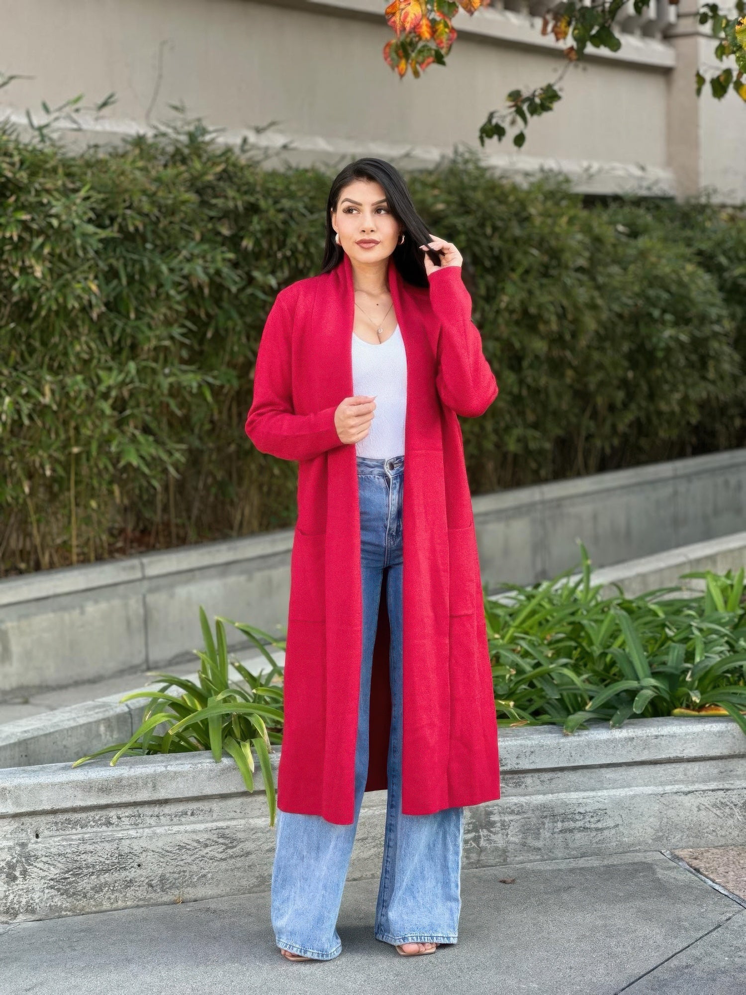 Clover fine knit midi cardigan, red open-front with pockets and long sleeves