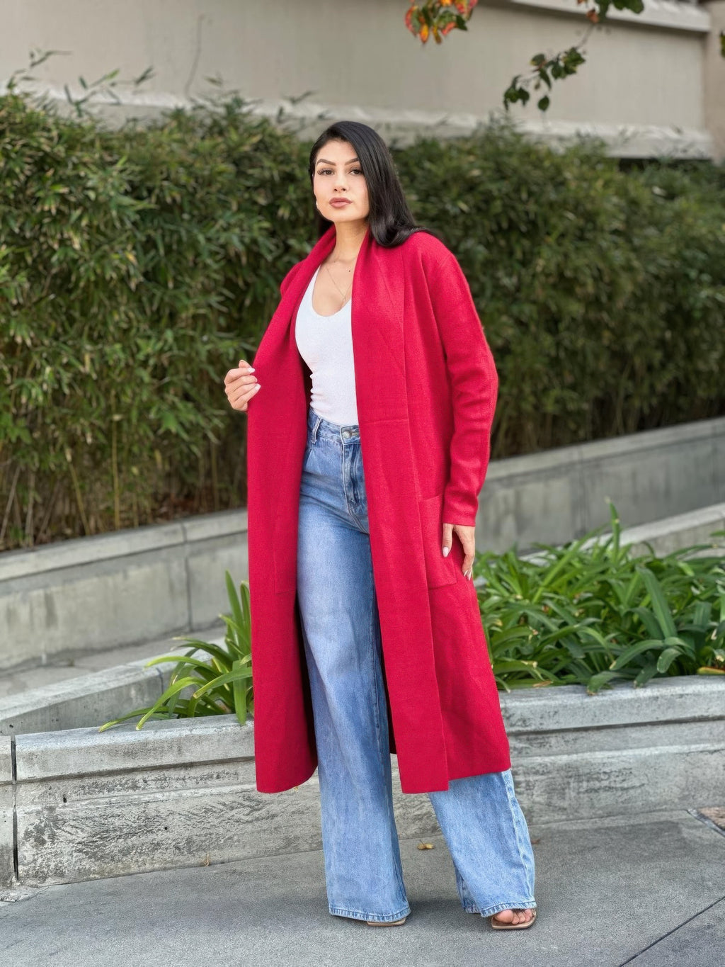 Red midi cardigan with pockets, long sleeves, open front—casual drape fit