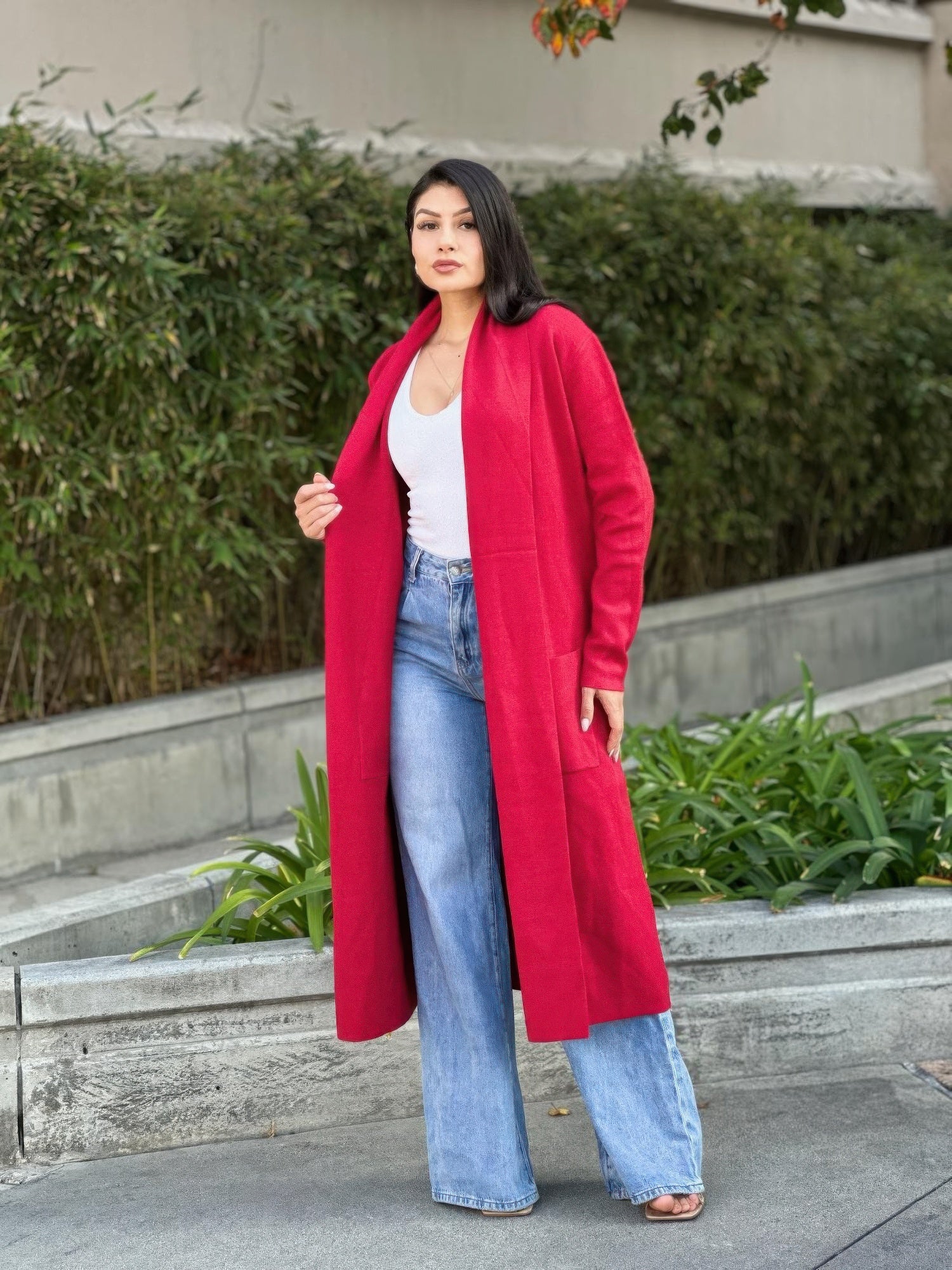 Red midi cardigan with pockets, long sleeves, open front—casual drape fit