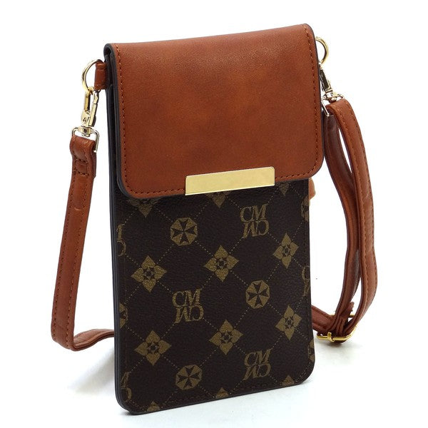 CM monogram crossbody phone bag, brown front flap with gold bar closure and shoulder strap