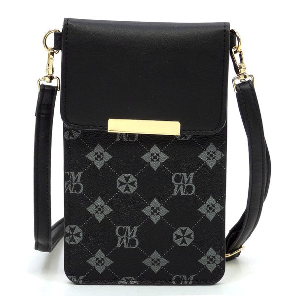 CM monogram cell phone crossbody bag in dark with gold bar front closure and side strap