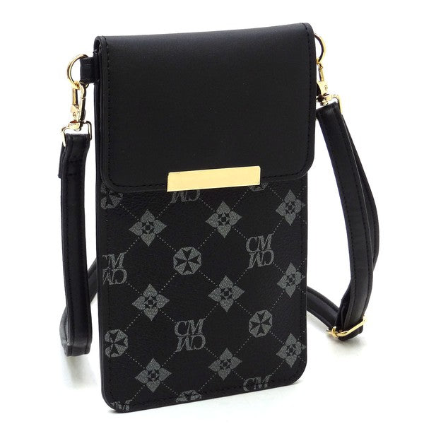 CM monogram crossbody phone bag in black, front flap with gold bar detail and patterned body