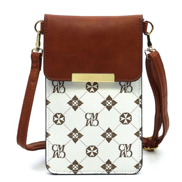 CM monogram cell phone crossbody bag in ivory/tan with brown top flap and gold bar closure