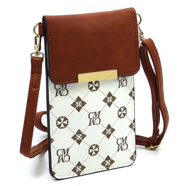 CM monogram crossbody phone bag, ivory patterned body with brown flap and gold bar clasp