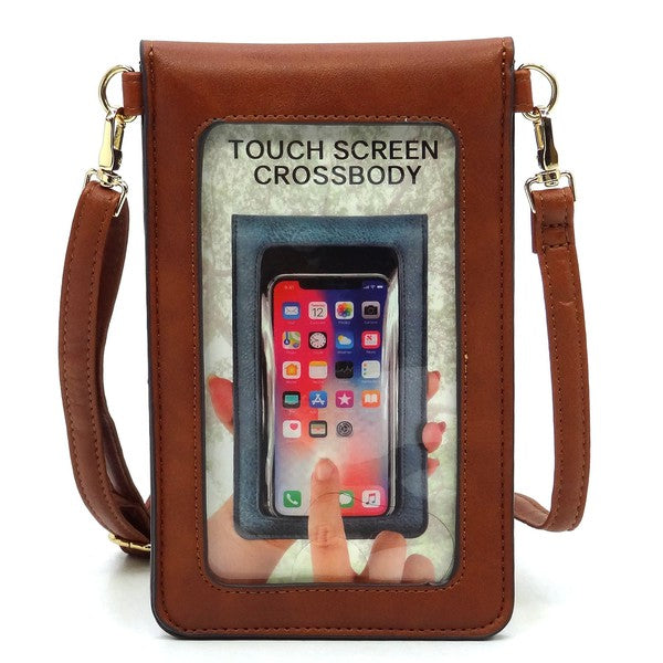 CM touchscreen crossbody phone bag in brown with clear window pouch and top flap