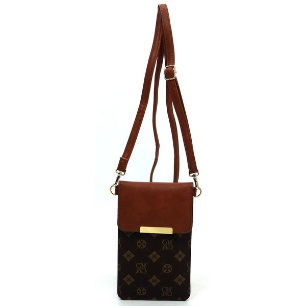 CM monogram cell phone crossbody bag with brown strap and small front flap