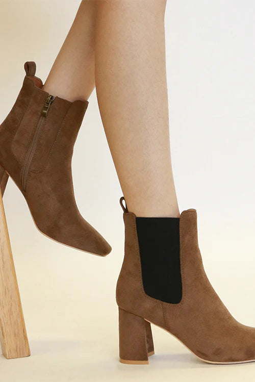 Coffee brown faux suede Chelsea boots, black elastic side panel, block heel