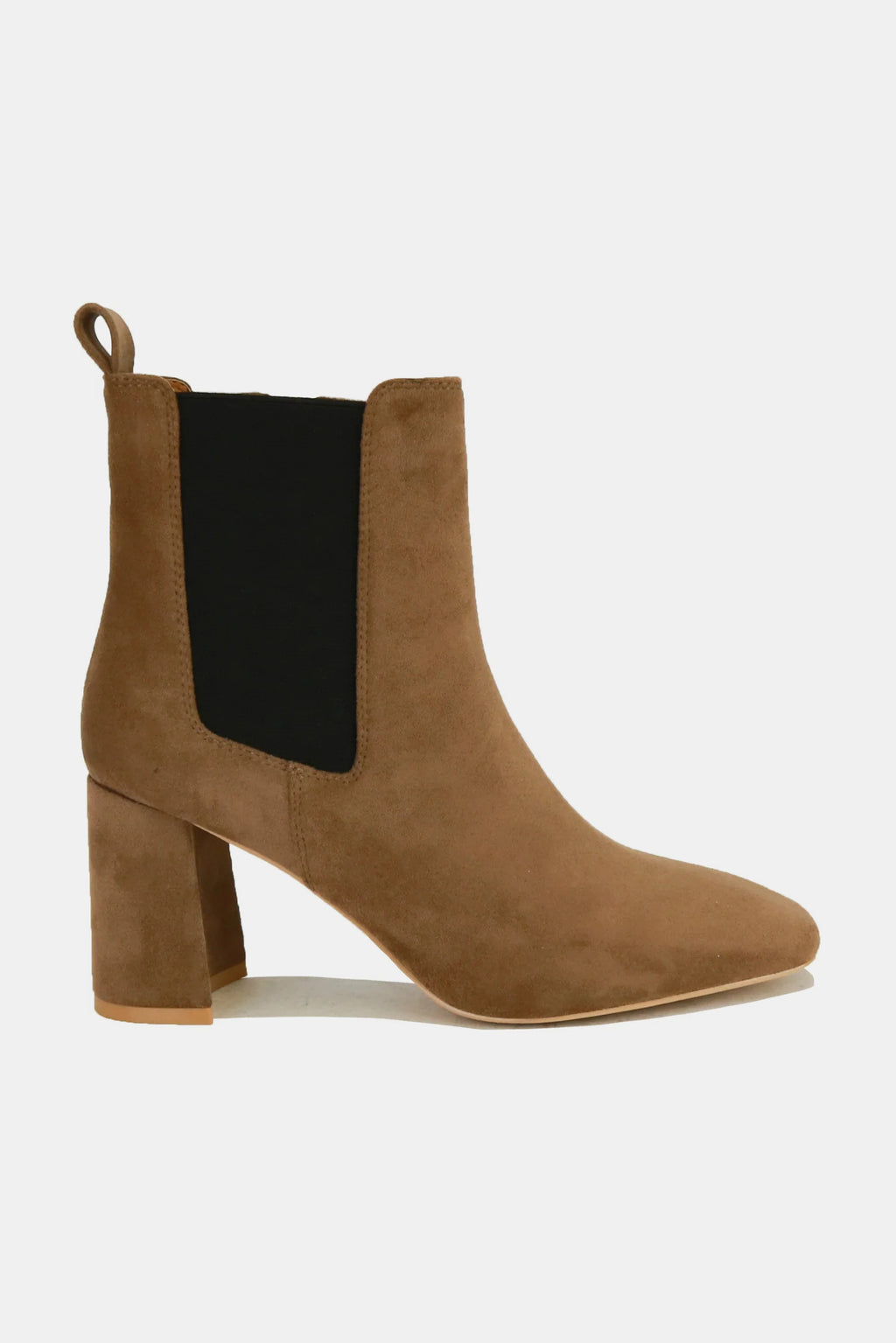 Coffee brown faux suede Chelsea boots with black elastic panel, chunky block heel
