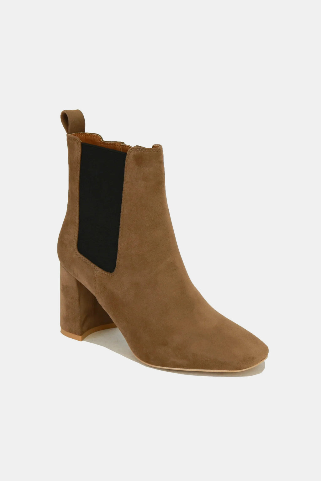 Coffee brown suede-look Chelsea boots, black elastic gore, pull tab, block heel