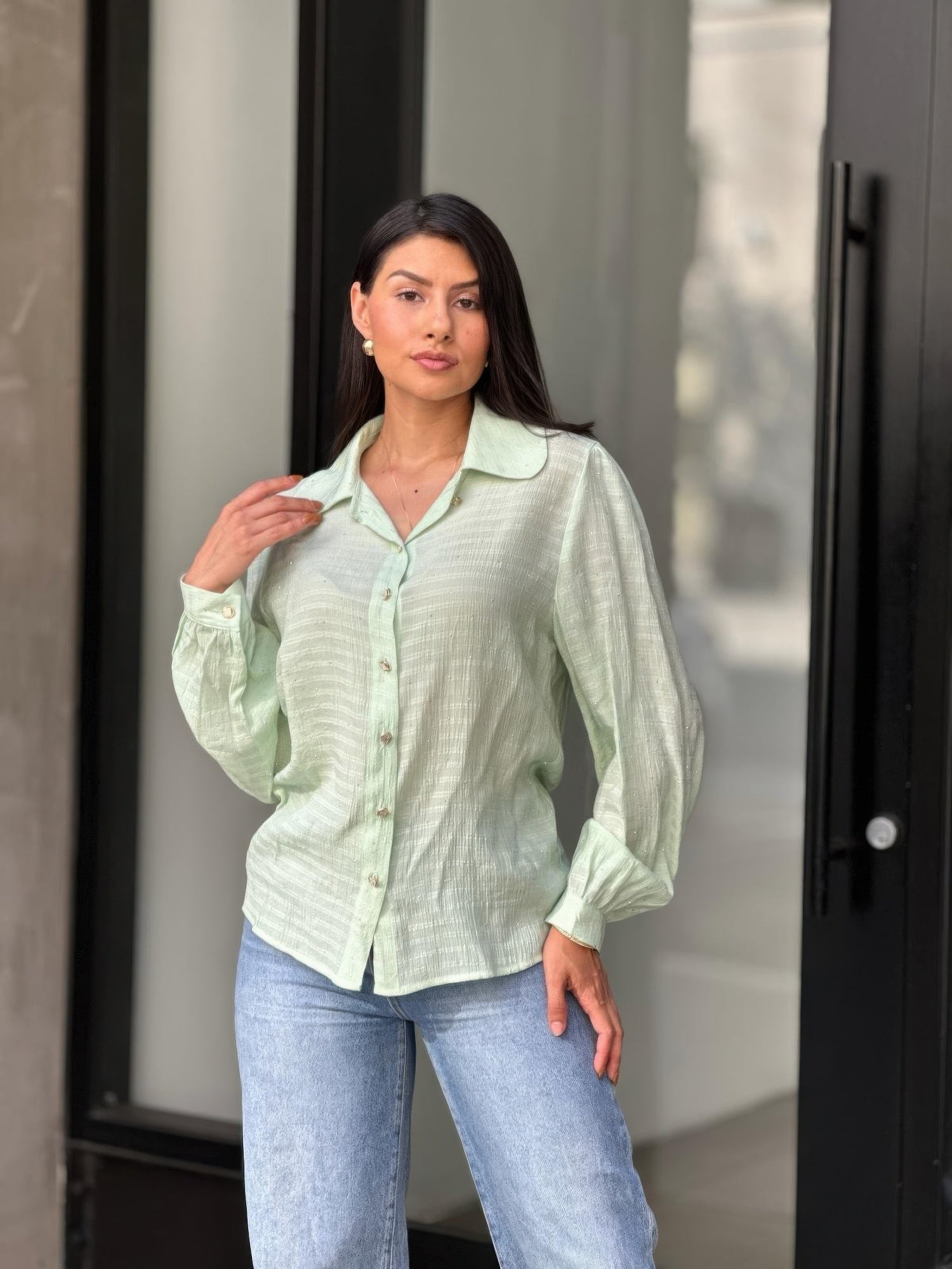 Collar Button Down Rhine Stone Detail Blouse - Tigbul's Variety Fashion Shop